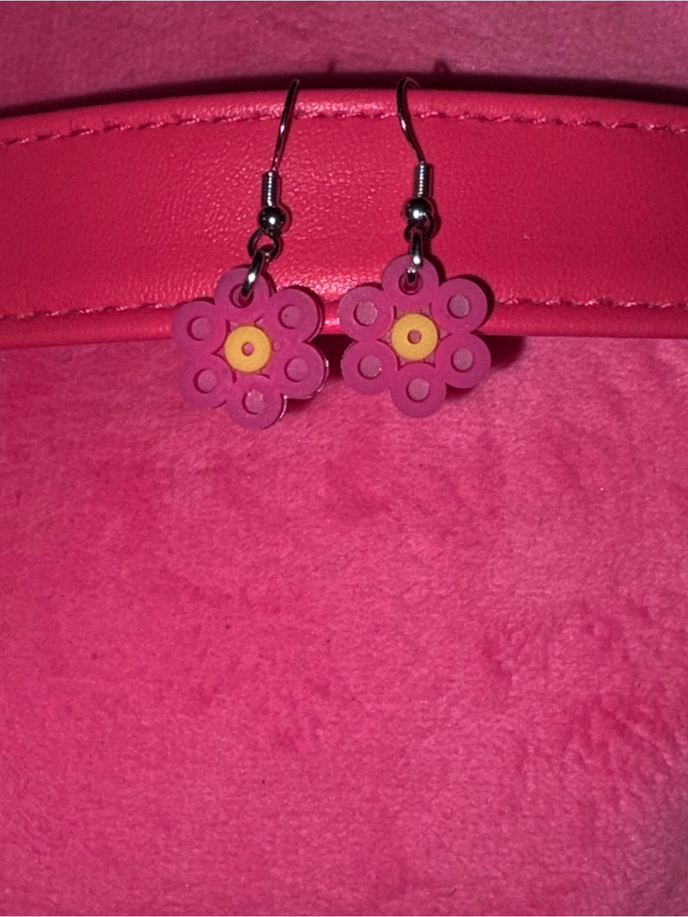 Pink Flower Drop Earrings with Yellow Center